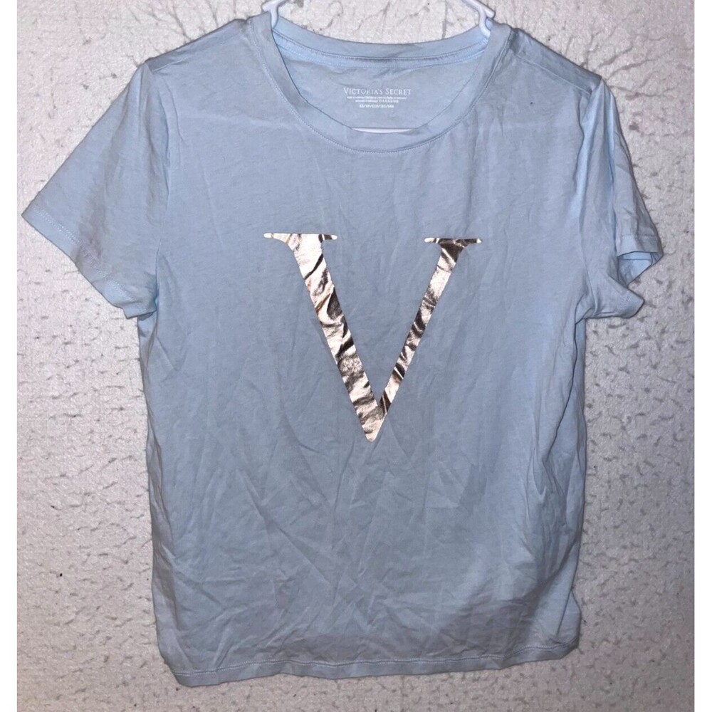 Victoria’s Secret T-Shirt Womens XS Blue V logo 100% Cotton Short Sleeves Bling